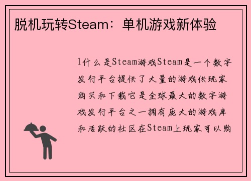 脱机玩转Steam：单机游戏新体验