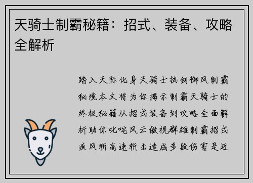 天骑士制霸秘籍：招式、装备、攻略全解析