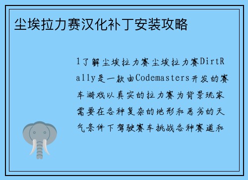 尘埃拉力赛汉化补丁安装攻略